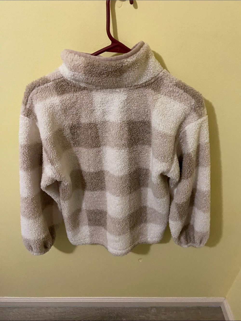 LOFT Taupe and Cream Plaid Sherpa Snap Pullover - Picture 3 of 4